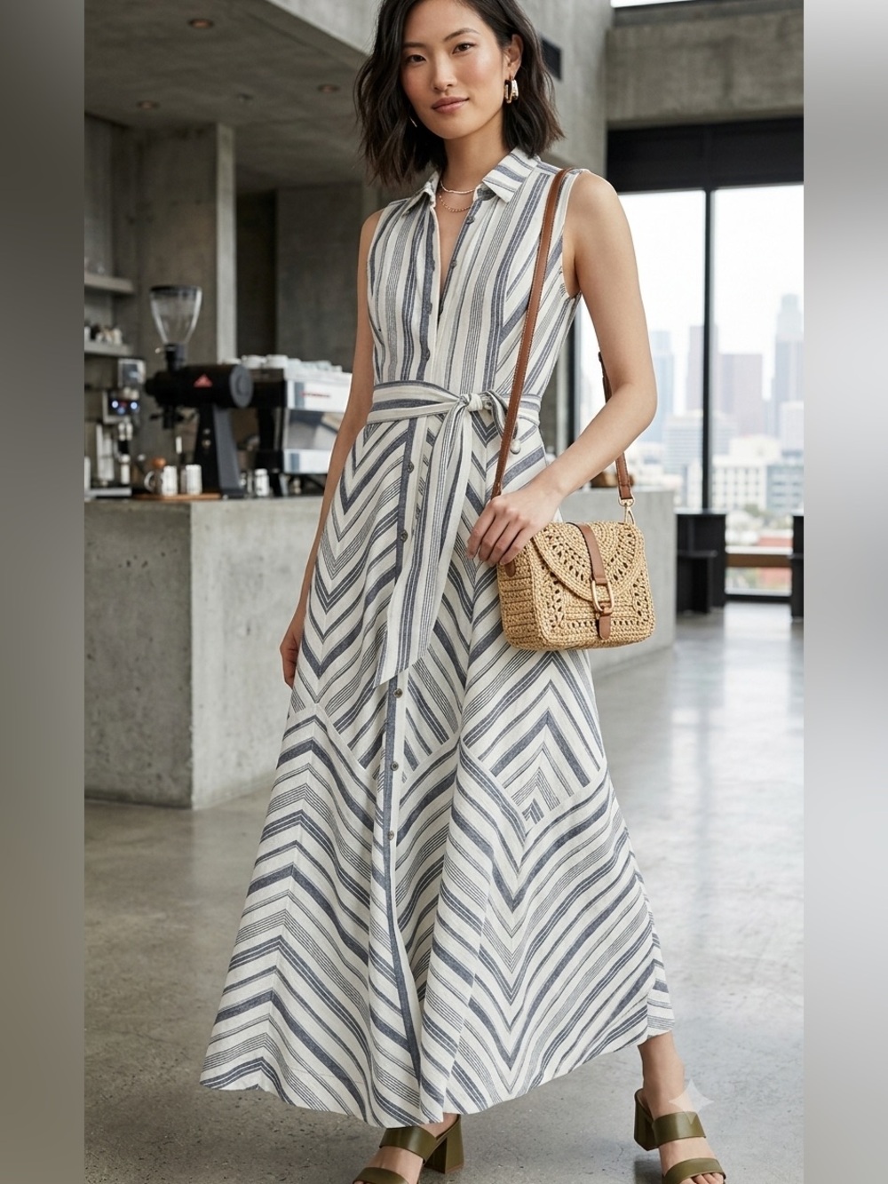 Anthropologie Maeve Coastal Stripe Maxi Shirt Dress Linen Blend Women’s XS